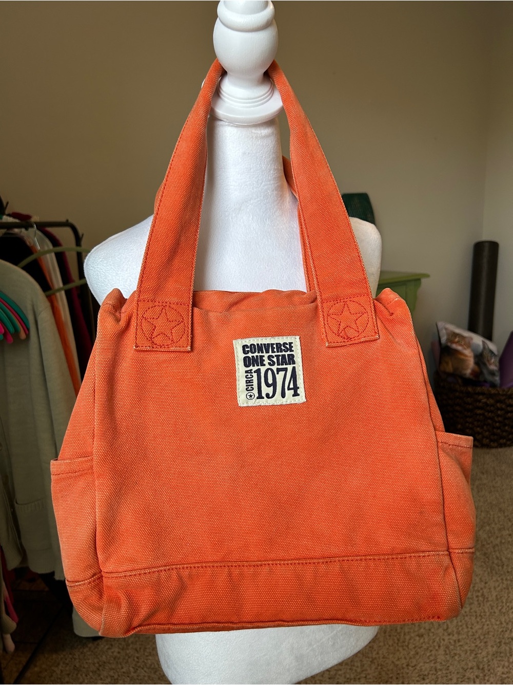 CONVERSE ONE STAR 1974 Orange Denim Purse Tote Bag w/Snap Pockets